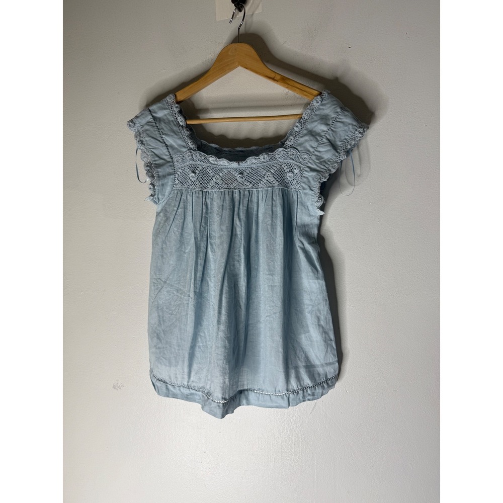 Elie Tahari Light Blue 100% Ramie Crochet Lace Flutter Sleeve Blouse Small